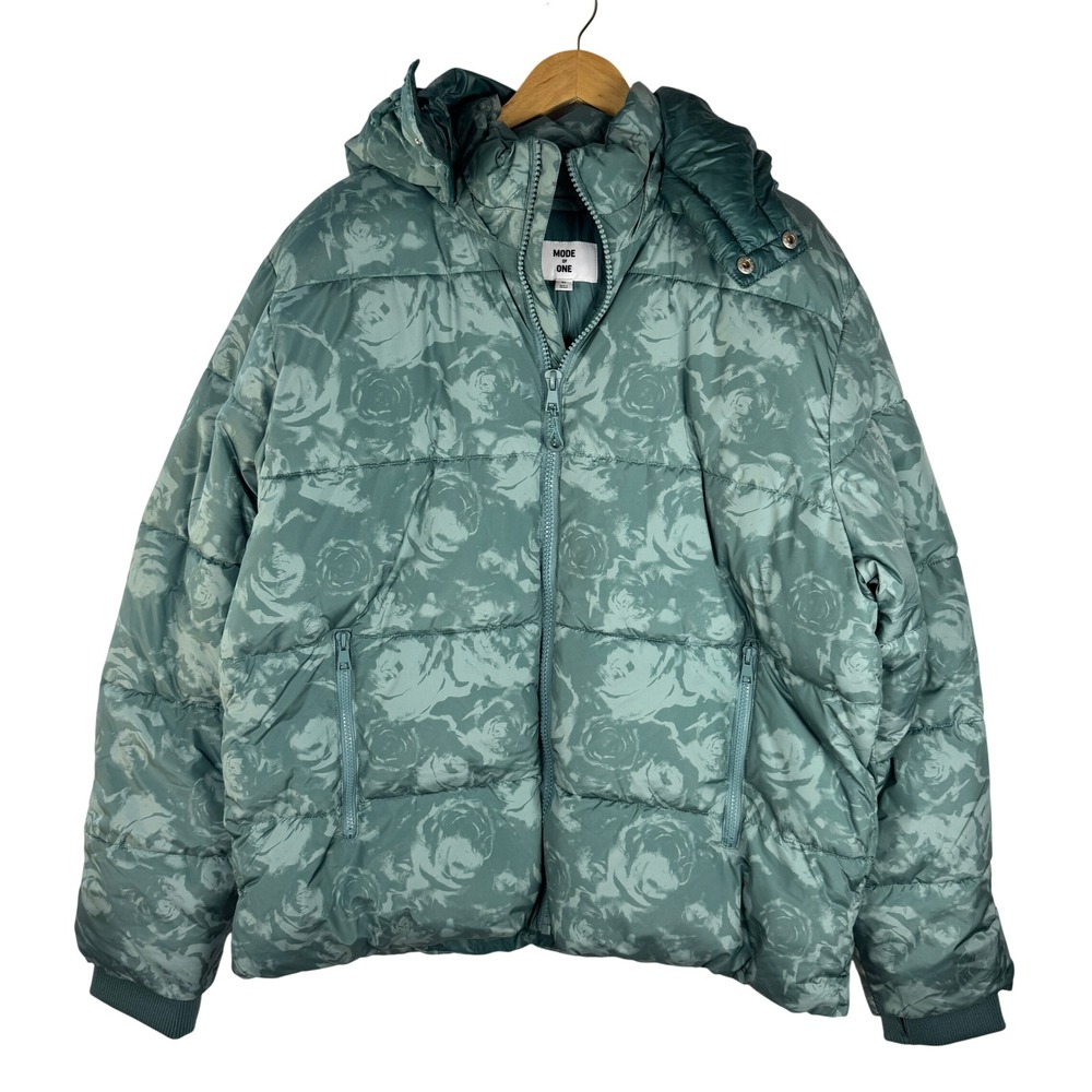 Mode of One Mens Floral Puffer Jacket Teal Green Rose Print Hooded XL New